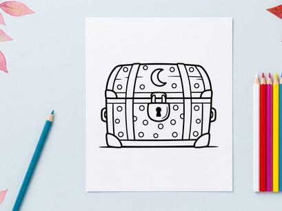 Ilustração de baú de tesouro vintage com lua e cadeado. Esboço clássico de baú de butim pirata para temas de aventura e fantasia.