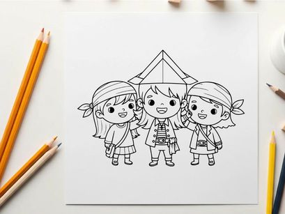 Three happy school kids holding hands vector illustration