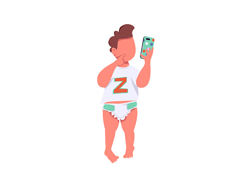 Infant with smartphone flat color vector faceless character