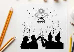 New year's eve celebration silhouette with fireworks and confetti