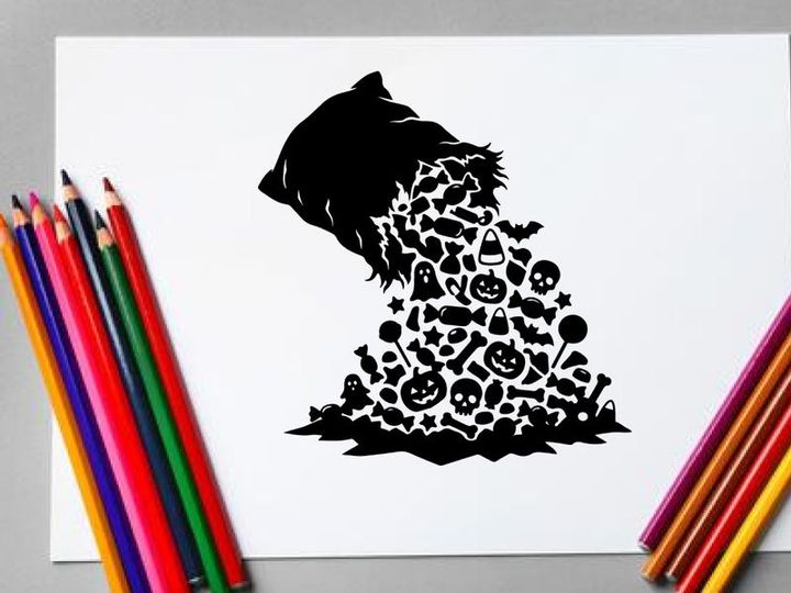 Black and white abstract illustration of a hawk with scattered icons