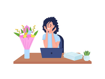 Woman in office surprised by flowers flat color vector detailed character preview picture