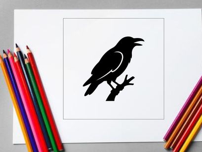 Silhouette of a Crow Perched on a Branch in Black and White