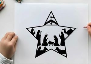 Nativity scene silhouette within a star shape christmas icon