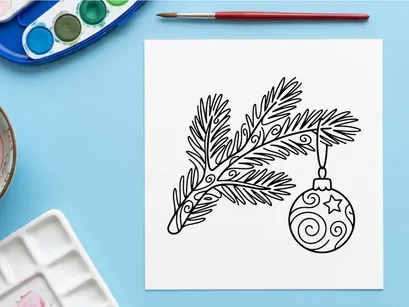 Christmas tree branch with hanging decorative bauble ornament line art illustration.