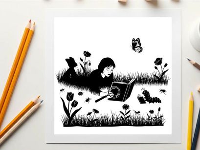 Silhouette of a girl reading a book in a field with a butterfly
