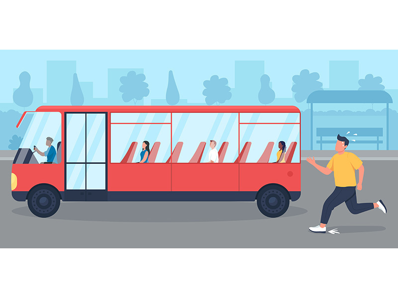Being late for bus flat color vector illustration