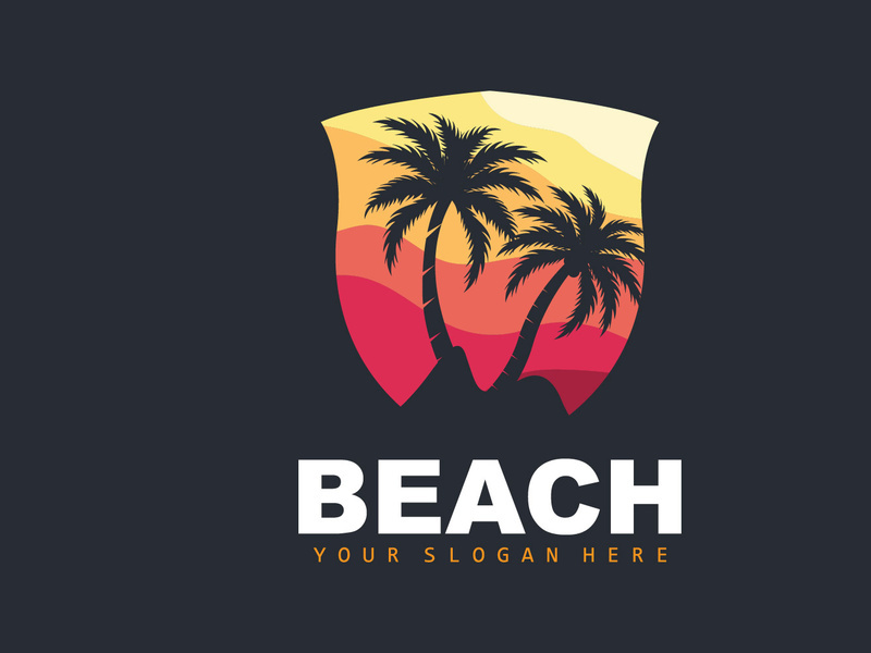 Coconut Tree Logo With Beach Atmosphere, Beach Plant Vector, Sunset View Design