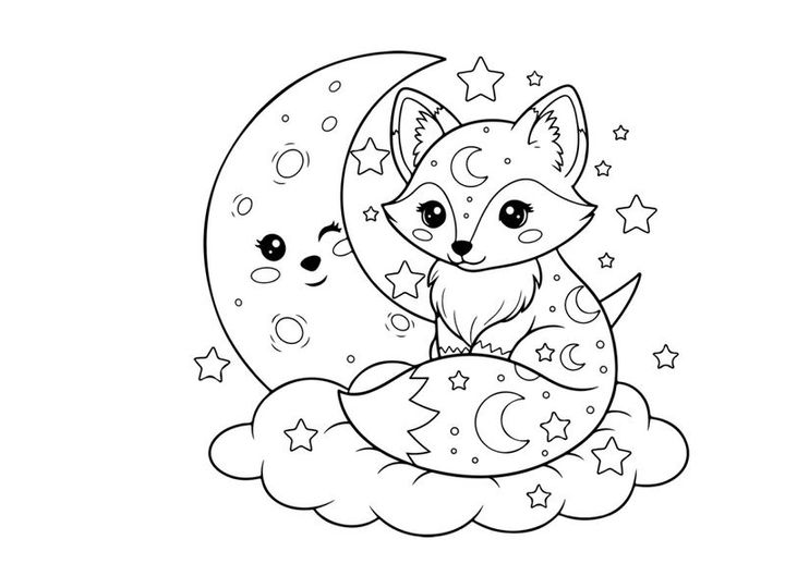 Cute fox sleeping under moon stars vector illustration