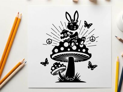 Peaceful silhouette of bunny on mushroom with butterflies