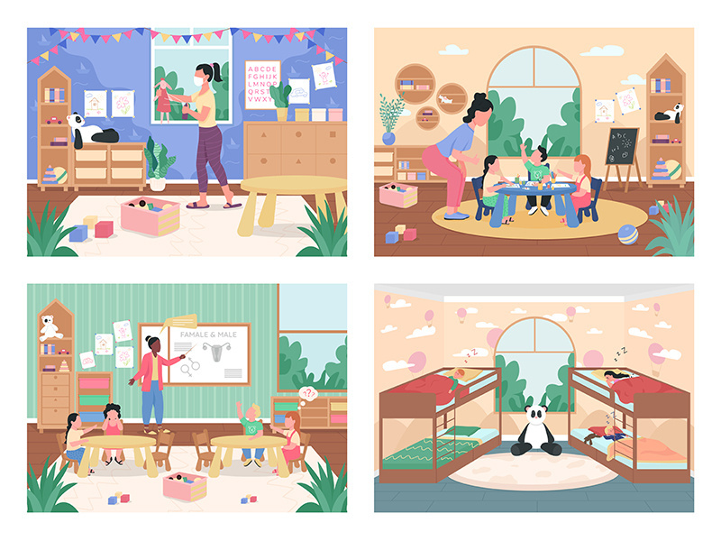 Kindergarten daily routine flat color vector illustration set