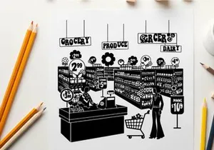 Silhouette of a man shopping in a grocery store aisle