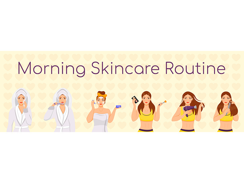 Woman morning skincare routine flat color vector characters set