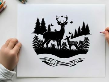 Deer and fawn silhouette in forest landscape preview picture
