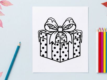 Christmas gift box with bow line art illustration for coloring page design