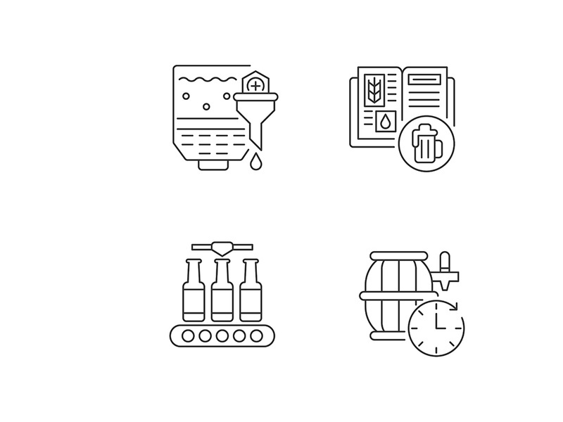 Beer production pixel perfect linear icons set