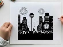 New year's eve celebration silhouette with fireworks and city skyline