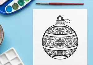 Black and white line art illustration of a Christmas bauble