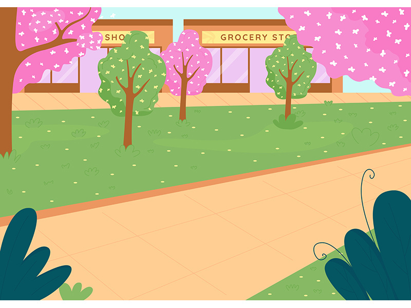 City park in spring flat color vector illustration