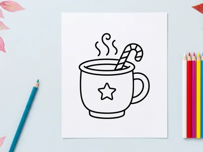 Steaming hot Christmas coffee mug with candy cane stirrer and star decoration