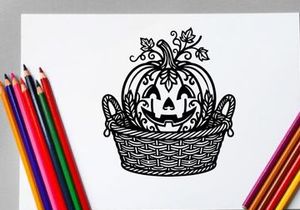 Dekorativer Halloween-Kürbis mit geschnitztem Gesicht in einem Weidenkorb