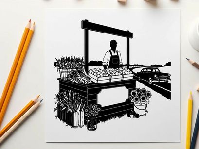 Silhouette of a person selling vegetables at a roadside market stall