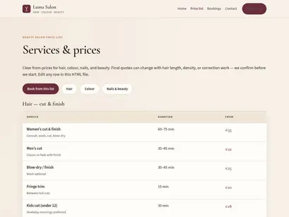 Salon Website Template — Home, Price List & Bookings (HTML)