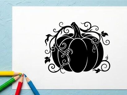 Labu Halloween Elegan dengan Sulur Berpilin dan Siluet Gelap