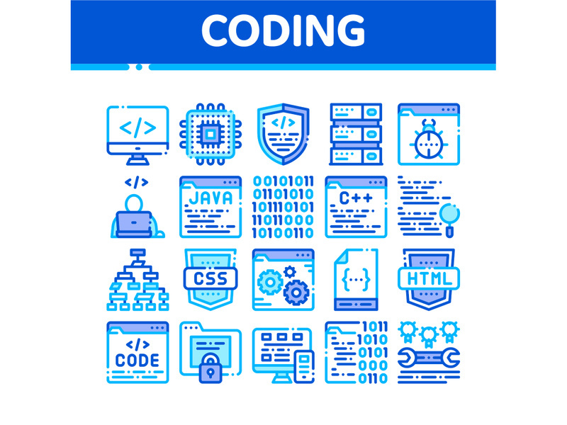 Coding System Vector Thin Line Icons Set
