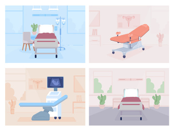 Hospital examining cabinets and wards flat color vector illustrations set preview picture