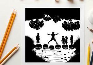 Children playing on stepping stones in silhouette