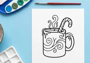 Dampfender heißer Kakao-Becher mit Zuckerstangen-Rührstab für festliche Weihnachtsfeier