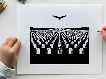 Silhouette of eagle flying over rows of white headstones in a cemetery silhouette