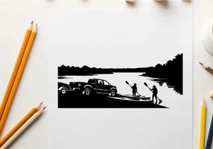Silhouette of people launching kayaks from a truck by a serene lake