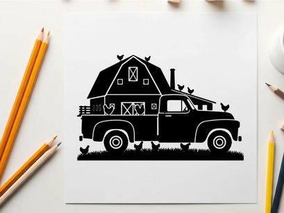 Silhouette of a vintage truck and barn with chickens