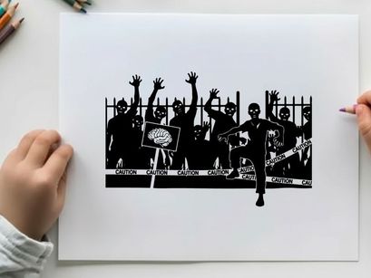 Silhouette of a man standing in front of a group of raised silhouettes behind a fence silhouette