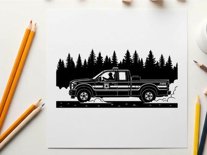 Silhouette of a pickup truck driving on a snowy road with trees