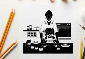 Silhouette of mother and child baking together in kitchen