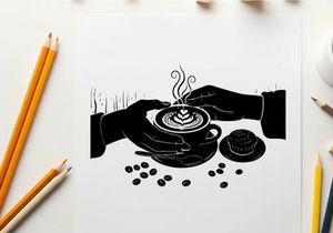 Silhouette of hands holding a steaming cup of coffee