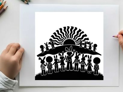 Silhouette of rabbits and children at sunset with wavy rays silhouette