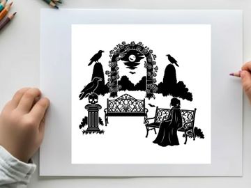 Silhouette of woman sitting on bench with crows and archway preview picture