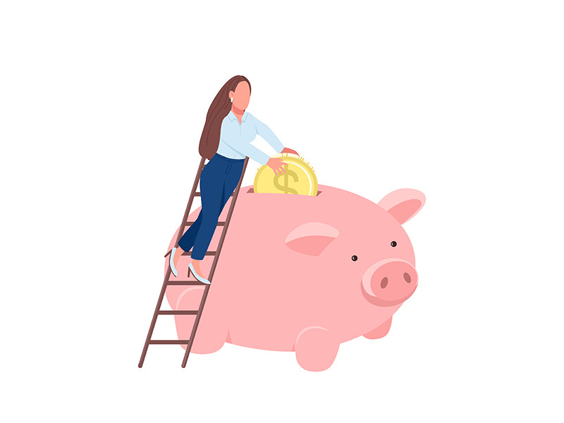 Woman putting coin in piggy bank flat concept vector illustration