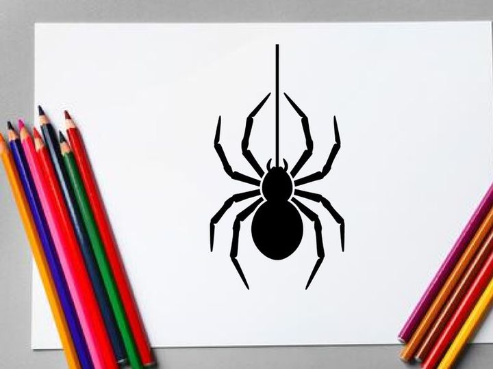 Black spider hanging from a thin thread in minimalistic style