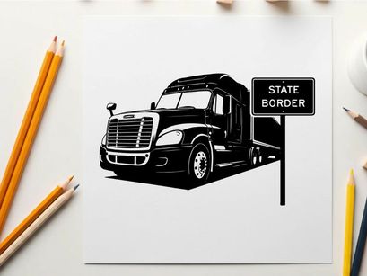 Black silhouette semi truck passing state border sign