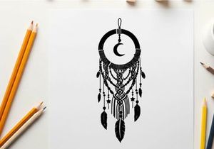 Silhouette dreamcatcher with crescent moon and feathers