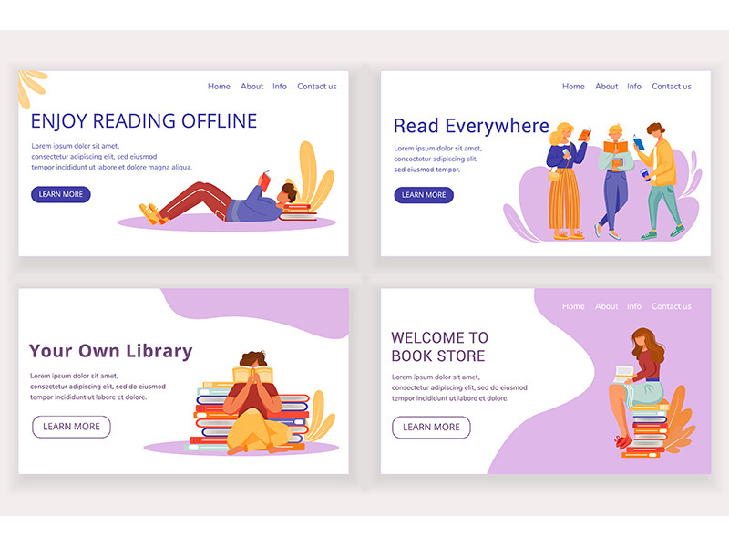 Reading book landing page vector template set