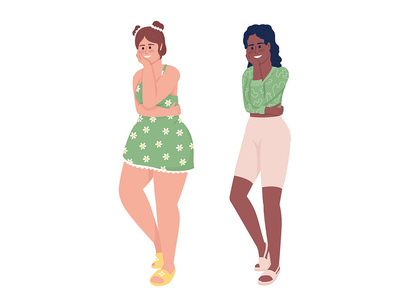 Young women hugging themselves vector characters set