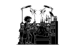 Silhouette of a man in a laboratory setting with equipment