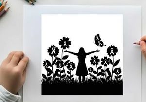 Silhouette of a girl with flowers and butterfly awareness ribbons