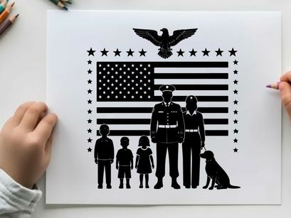 American family silhouette with flag and eagle emblem